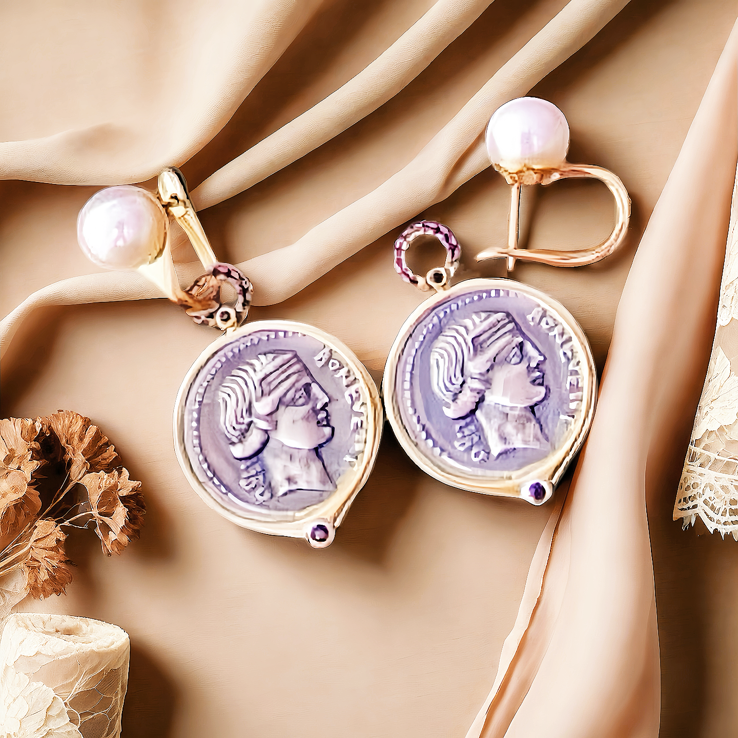 Fortuna Goddess Ancient Greek Coin Medallion 18K Gold Earring (Item No. COIN029）