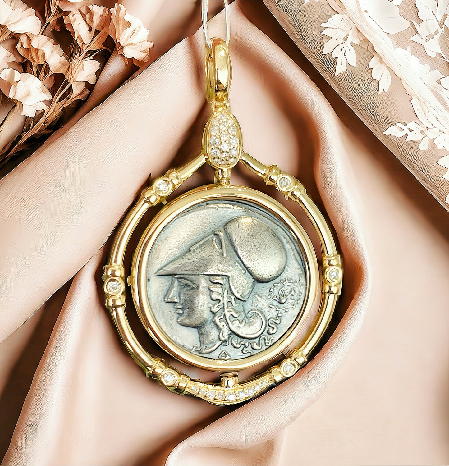 Athena & Pegasus Ancient Greek Coin Medallion 18K Gold Pendant (Item No. COIN031）