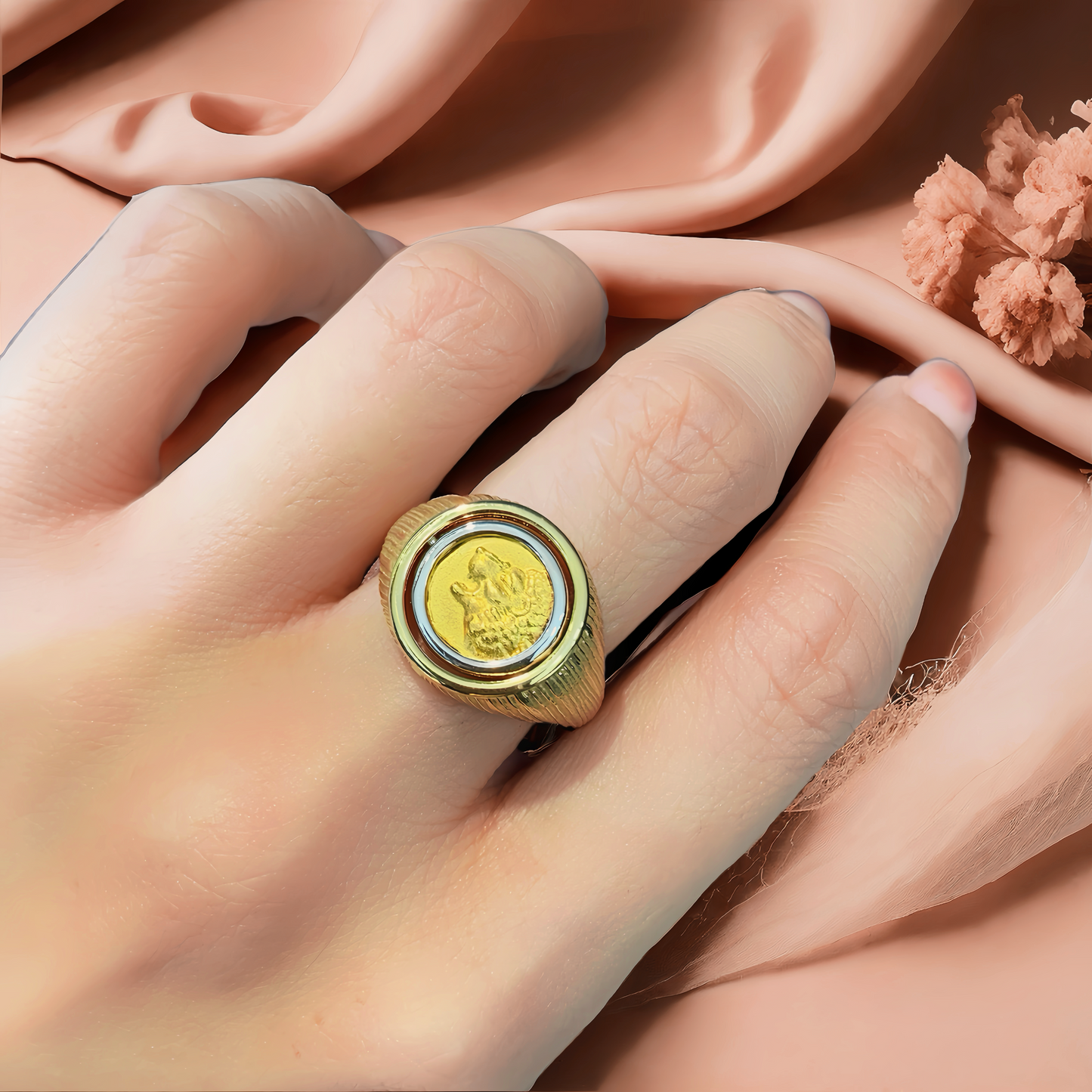 Lion Ancient Coin Medallion Electrum Gold 24k Gold Ring(Item No. COIN068）