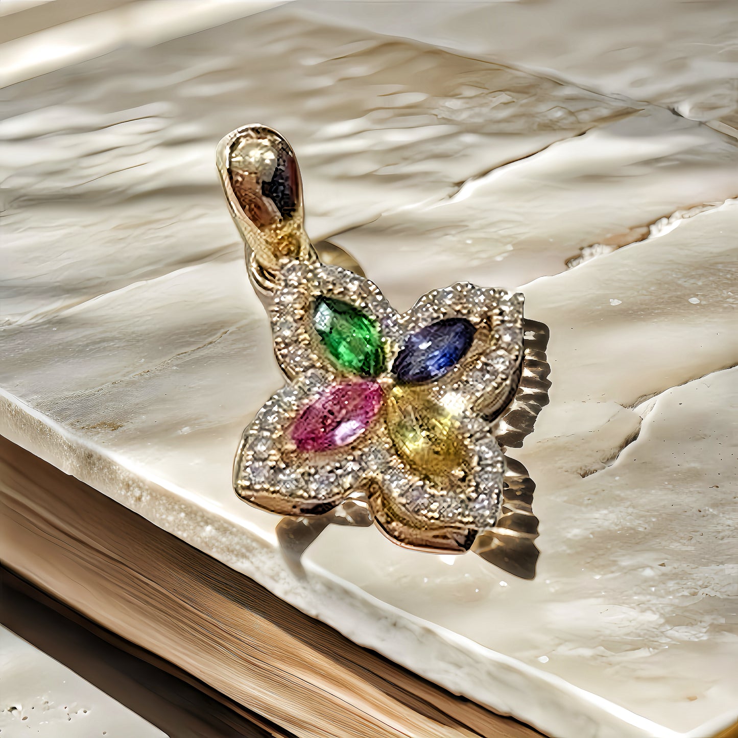 Four-leaf Clover Rotatable 18k Gold Diamond Sapphire Pendant (Item No. VT102）