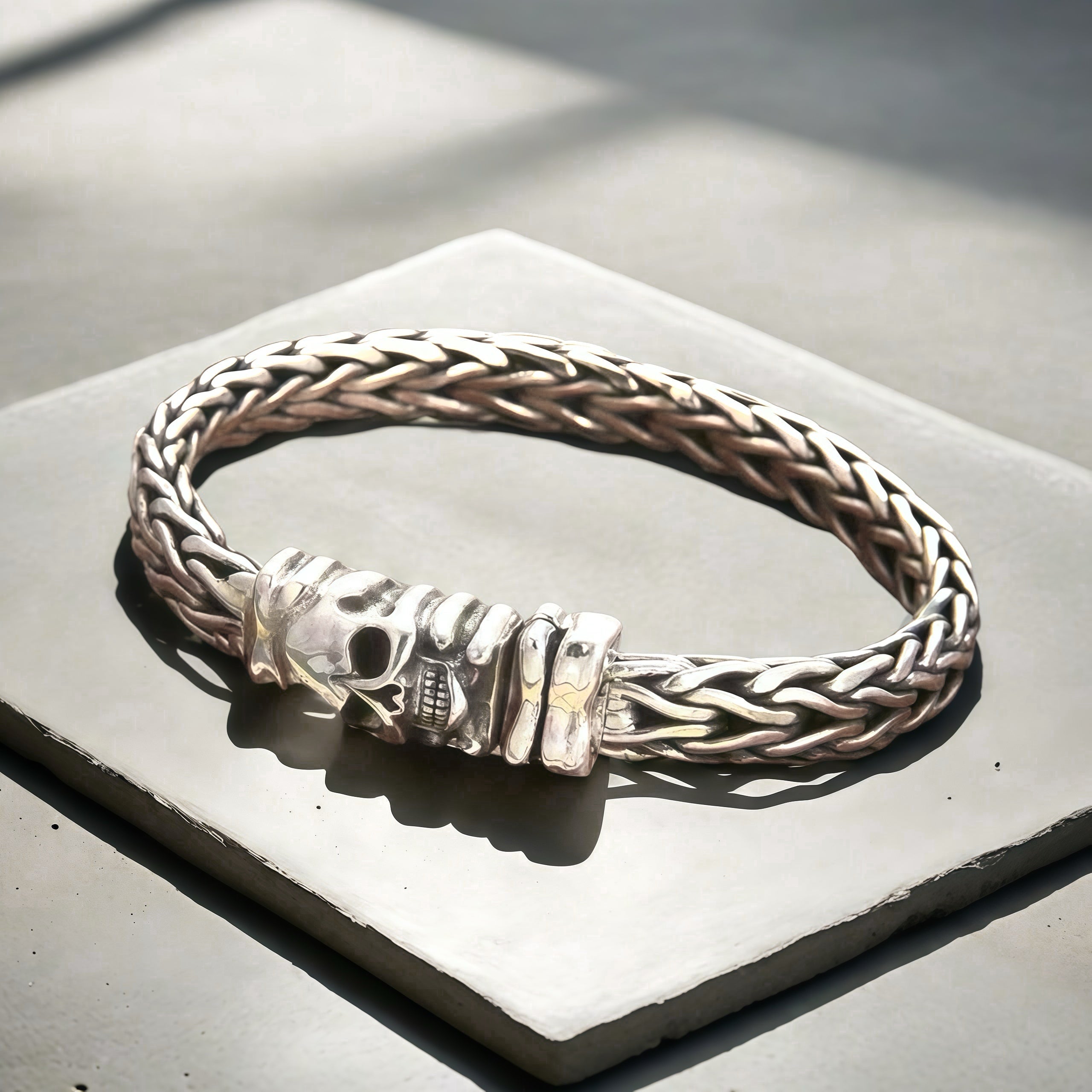 Braided Skull Silver Bracelet (Item No. B0528)