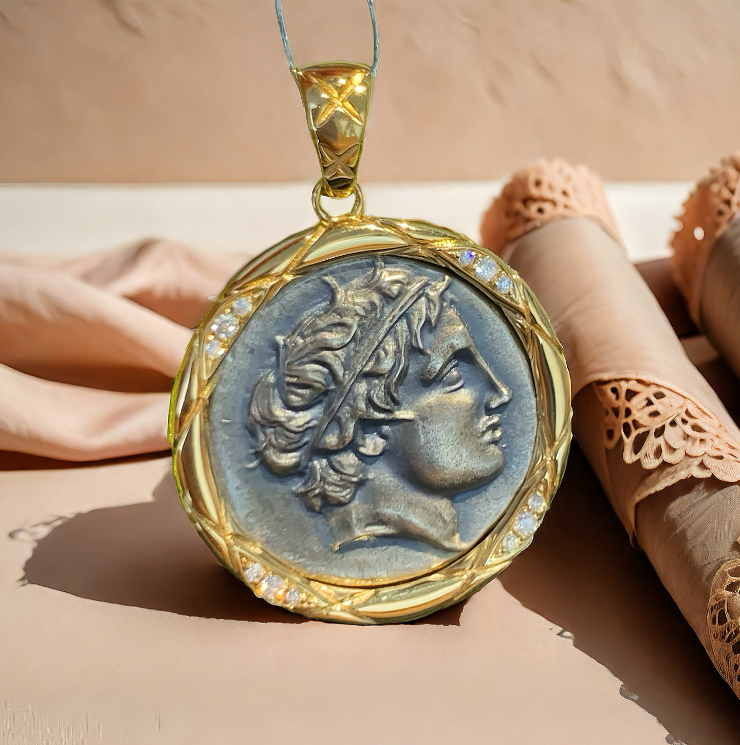 Macedonia Apollo With Horses Ancient Greek Coin Medallion 18K Gold Pendant (Item No. COIN075）