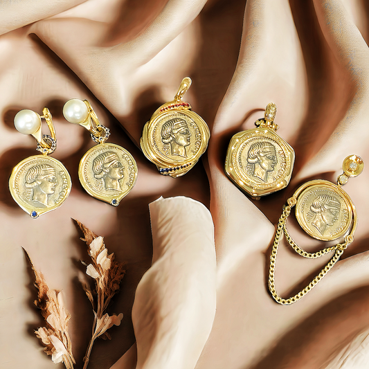 Fortuna Goddess Ancient Greek Coin Medallion 18K Gold Pendant (Item No. COIN091）