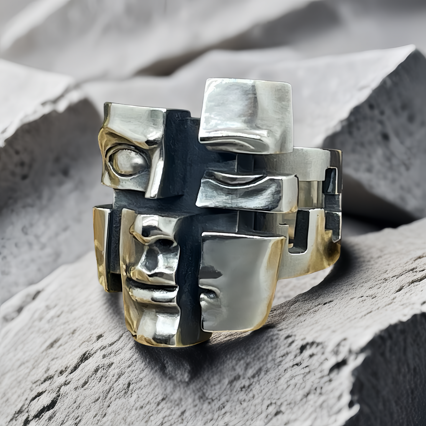 Split-Persona Mask Silver Ring (Item No. SC008)