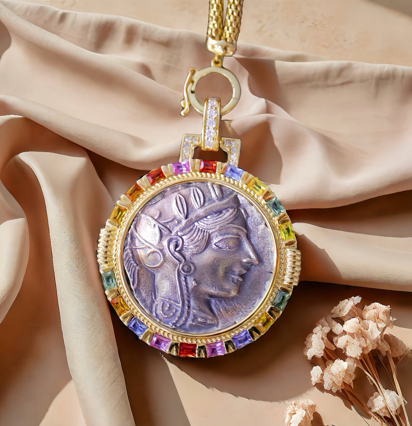 Athena Owl Ancient Greek Coin Medallion 18k Gold Rainbow Sapphire Pendant (Item No. COIN012）