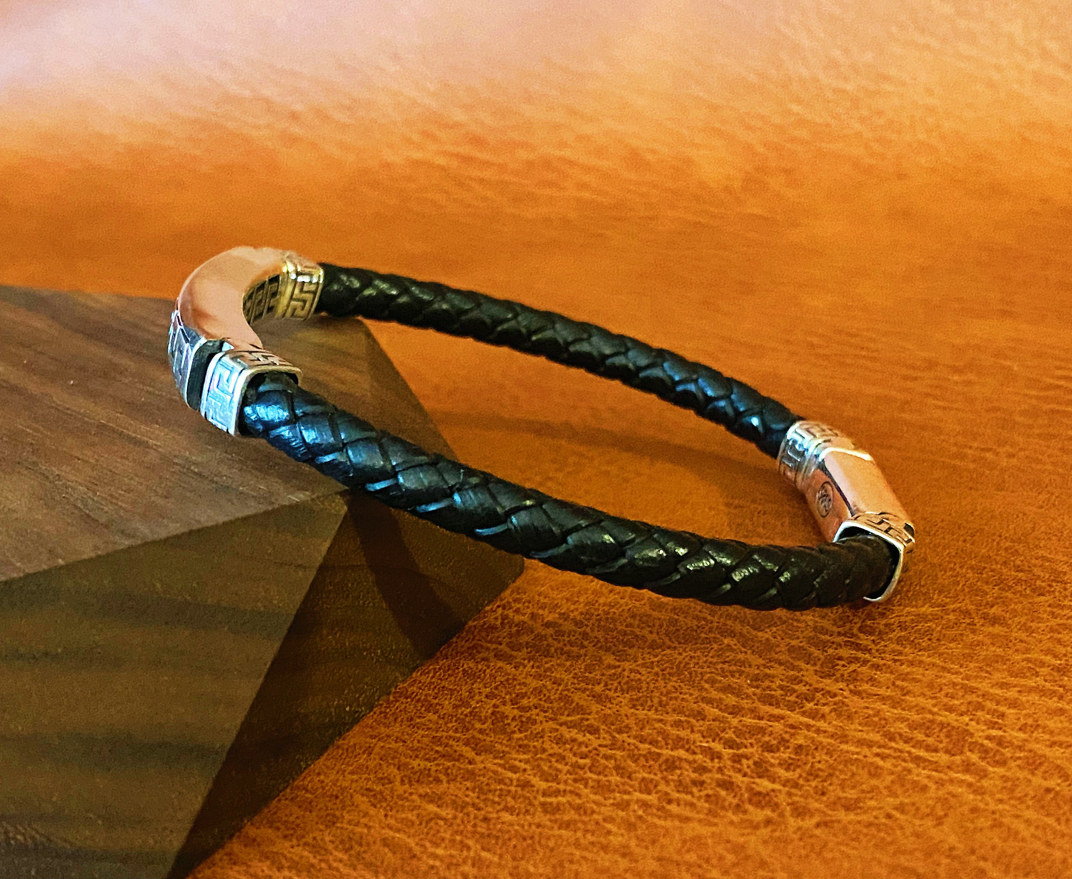 Leather Greek Key Braided Buddha Silver Bracelet (Item No. B0617)