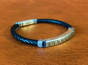 Leather Greek Key Braided Buddha Silver Bracelet (Item No. B0617)