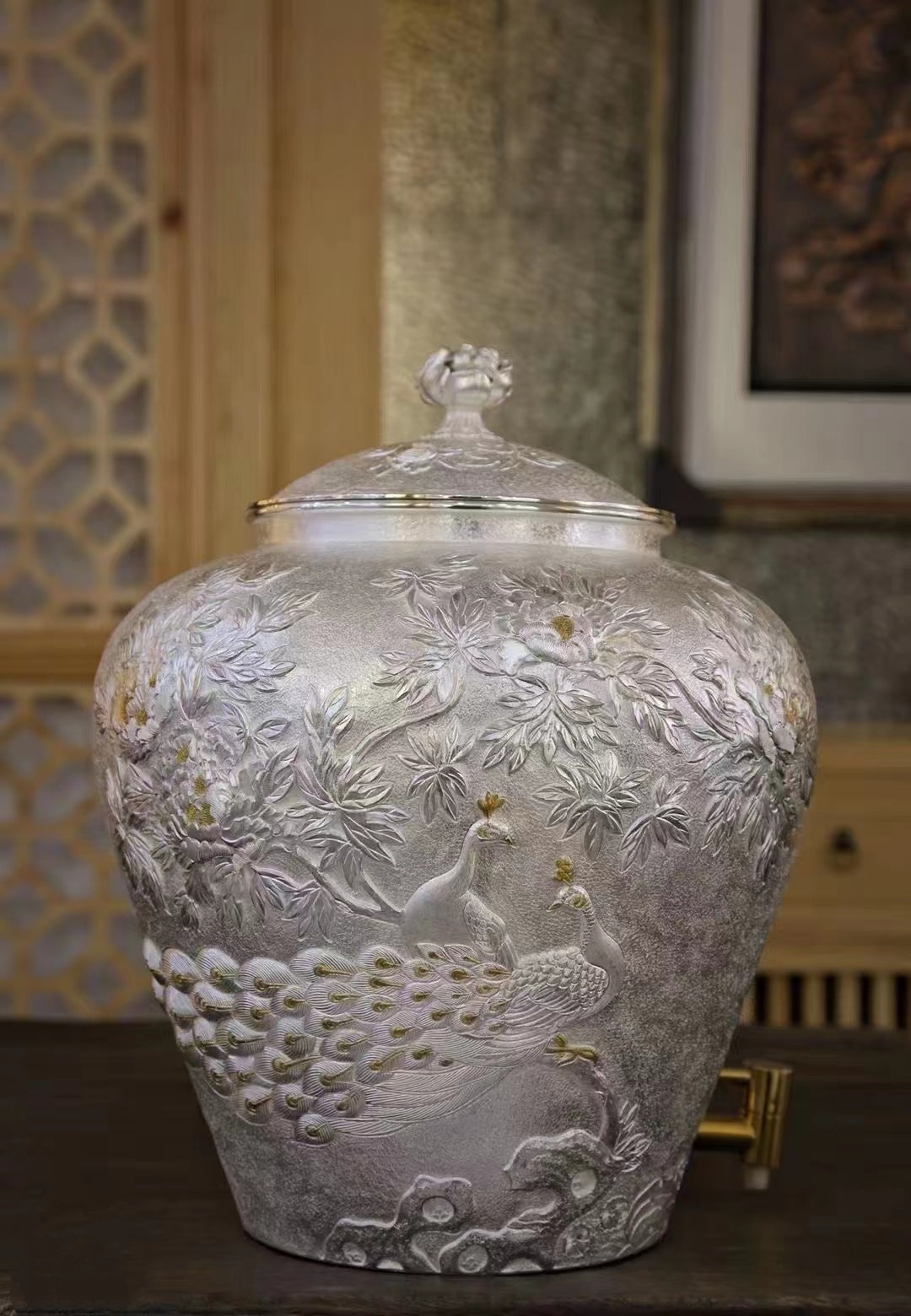 Peacok & Poeny Flower Pure 999 Silver Liquor Barrel Tartaria Onlinestore