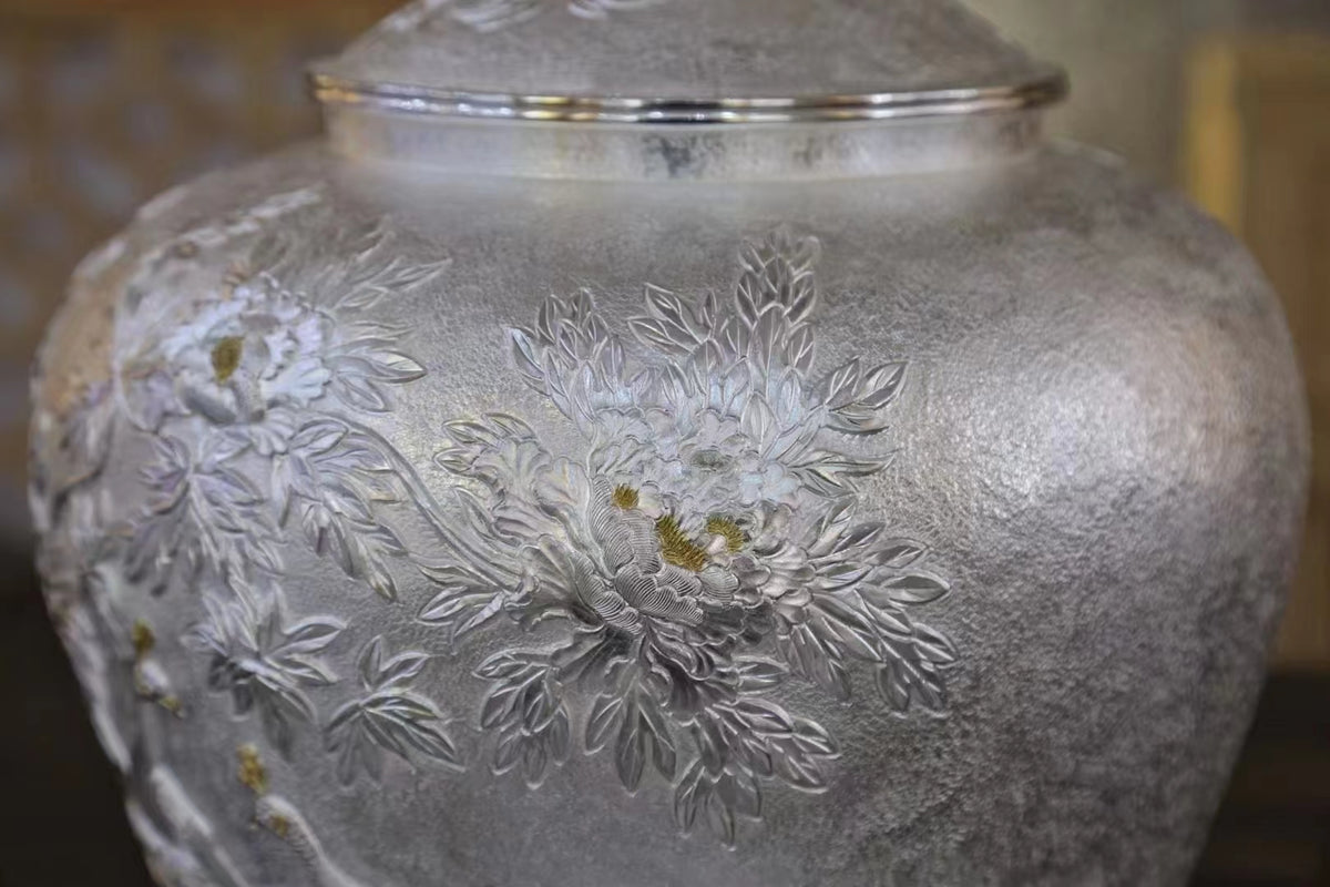 Peacok & Poeny Flower Pure 999 Silver Liquor Barrel Tartaria Onlinestore